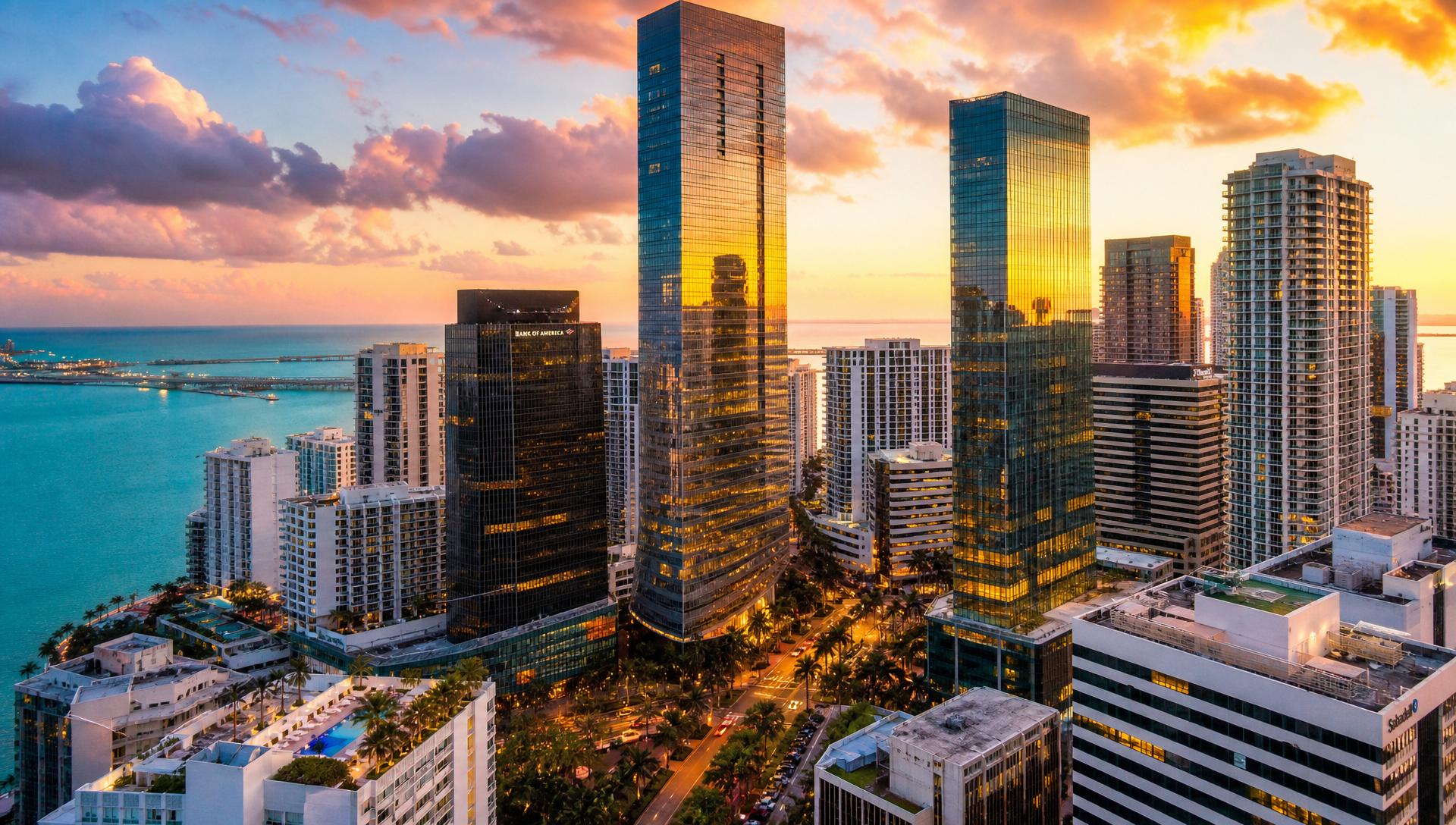 Aerial view of Brickell Miami at golden hour with modern skyscrapers and Biscayne Bay